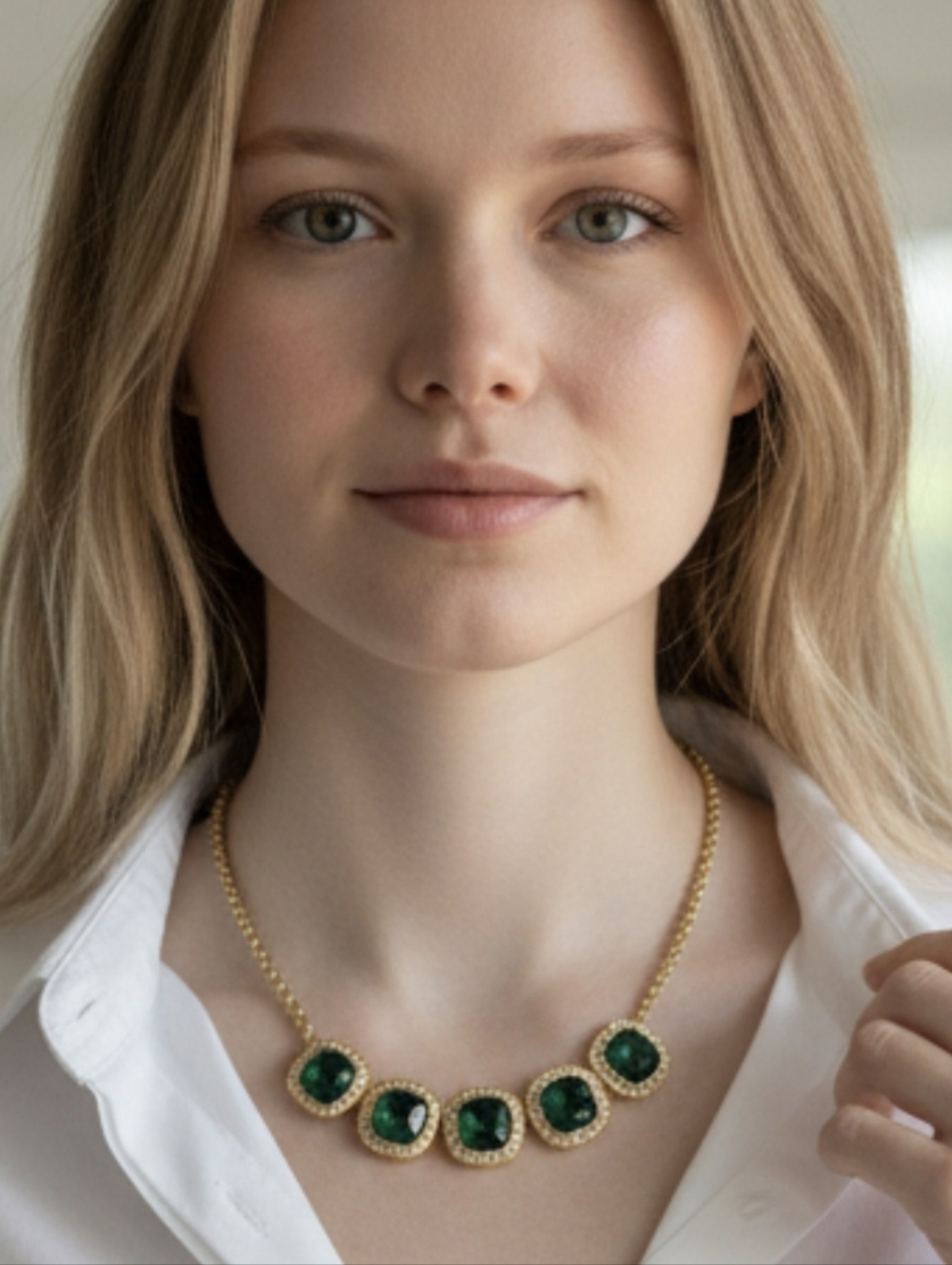 18k Gold Plated Exquisite Cushion Cut Emerald Pave Zircon Crystal Necklace